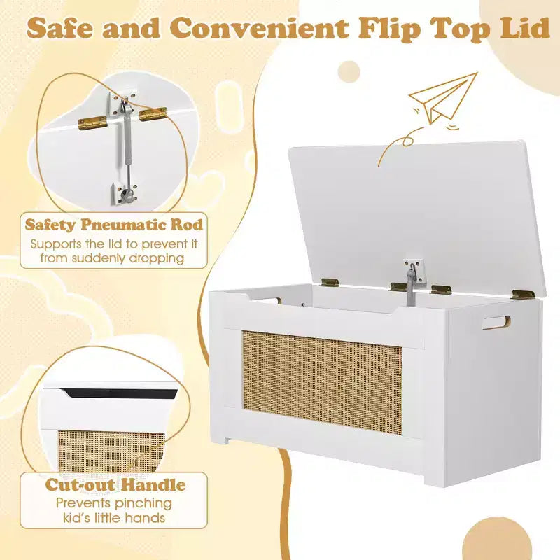 Costway 31.5 Toy Chest for Kids Rattan Toy Storage Box with Flip Top Lid & Safety Hinge