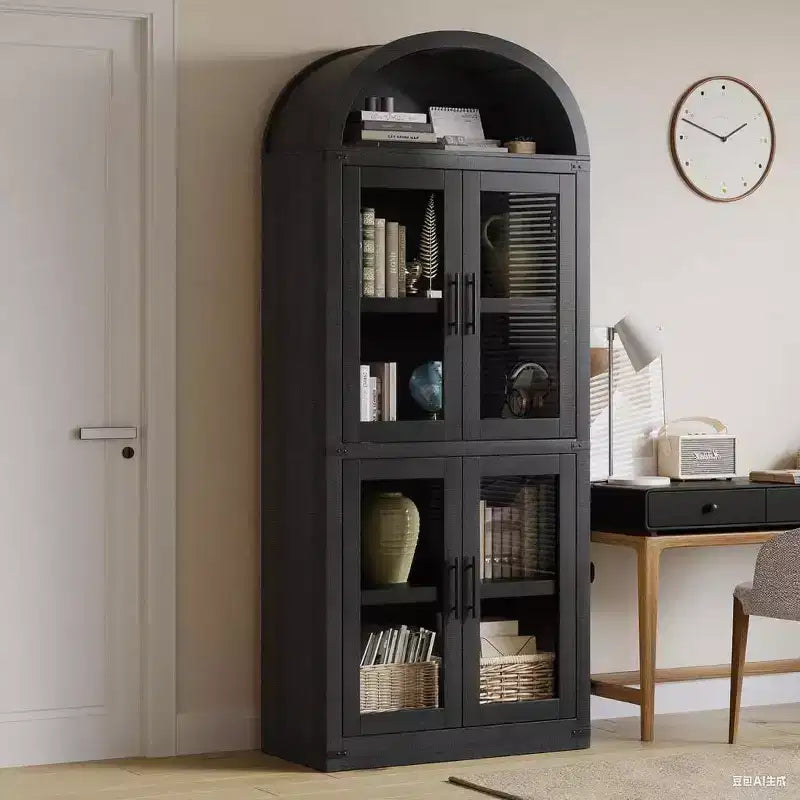 71.4in Tall Wooden Arched Bookshelf with Doors Farmhouse Rounded Bookcases for Living Room, Kitchen, Office (Black)