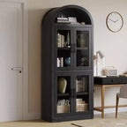 71.4in Tall Wooden Arched Bookshelf with Doors Farmhouse Rounded Bookcases for Living Room, Kitchen, Office (Black)