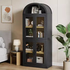 71.4in Tall Wooden Arched Bookshelf with Doors Farmhouse Rounded Bookcases for Living Room, Kitchen, Office (Black)