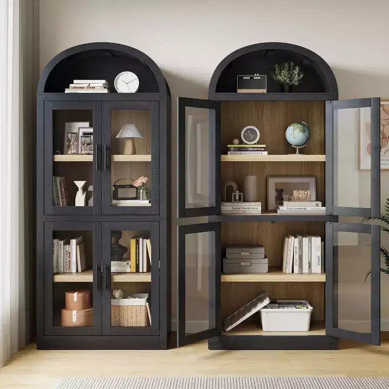 71.4in Tall Wooden Arched Bookshelf with Doors Farmhouse Rounded Bookcases for Living Room, Kitchen, Office (Black)