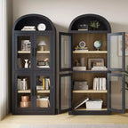 71.4in Tall Wooden Arched Bookshelf with Doors Farmhouse Rounded Bookcases for Living Room, Kitchen, Office (Black)