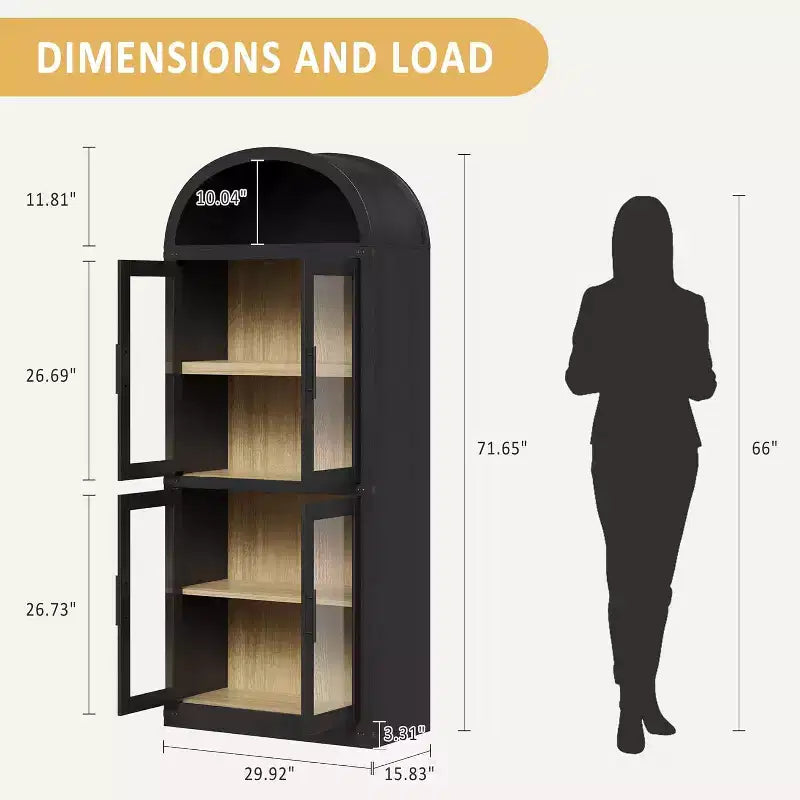 71.4in Tall Wooden Arched Bookshelf with Doors Farmhouse Rounded Bookcases for Living Room, Kitchen, Office (Black)