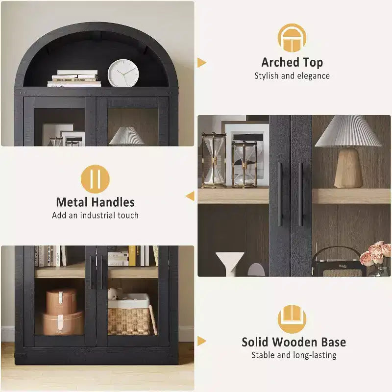 71.4in Tall Wooden Arched Bookshelf with Doors Farmhouse Rounded Bookcases for Living Room, Kitchen, Office (Black)