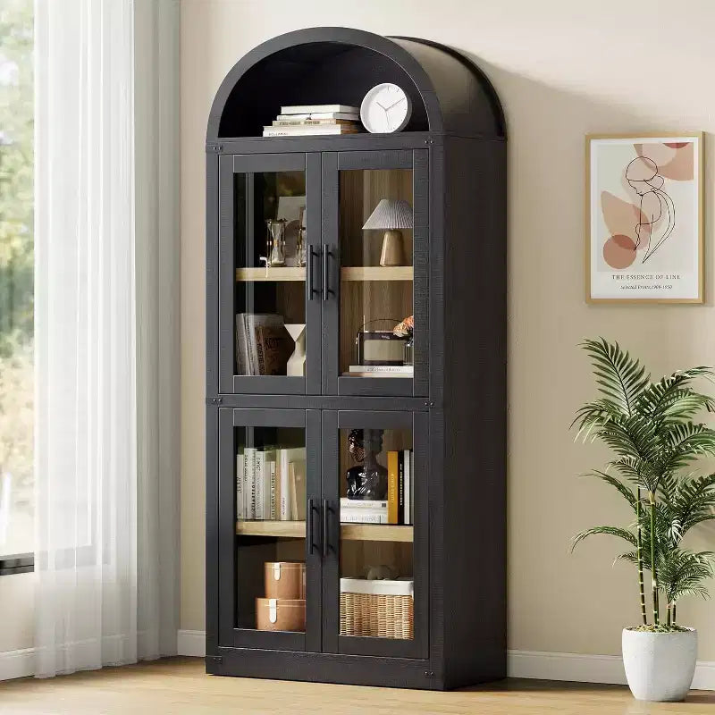 71.4in Tall Wooden Arched Bookshelf with Doors Farmhouse Rounded Bookcases for Living Room, Kitchen, Office (Black)