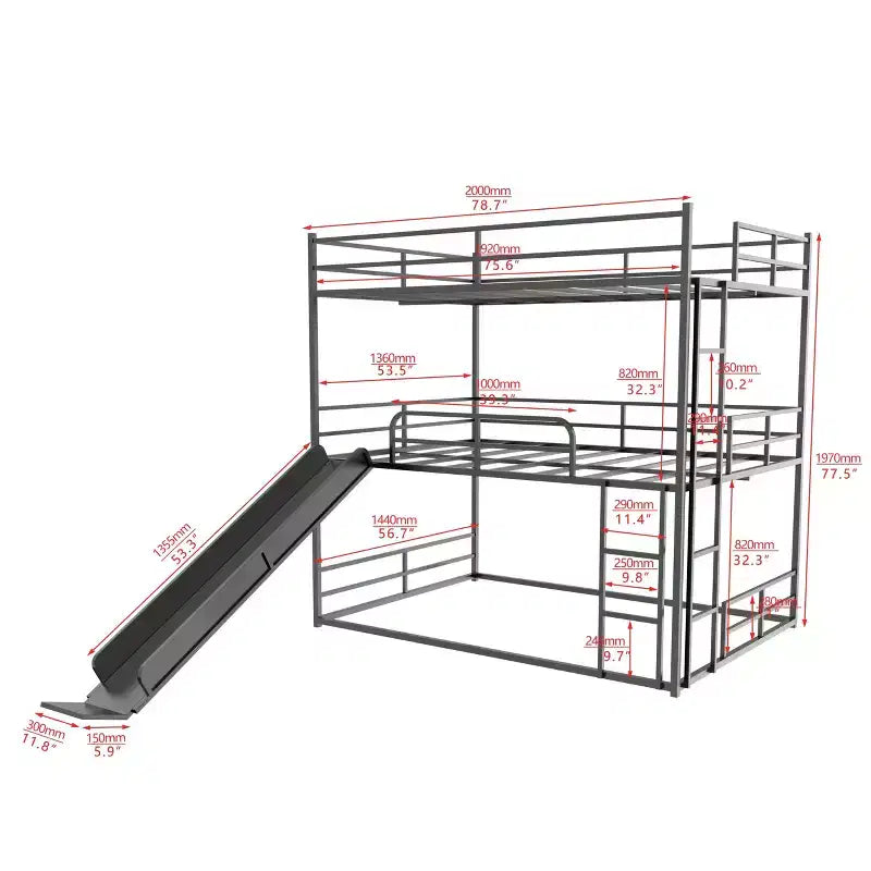 GDFStudio Theodore Modern Metal Full Size Triple Bed with Ladder and Slide