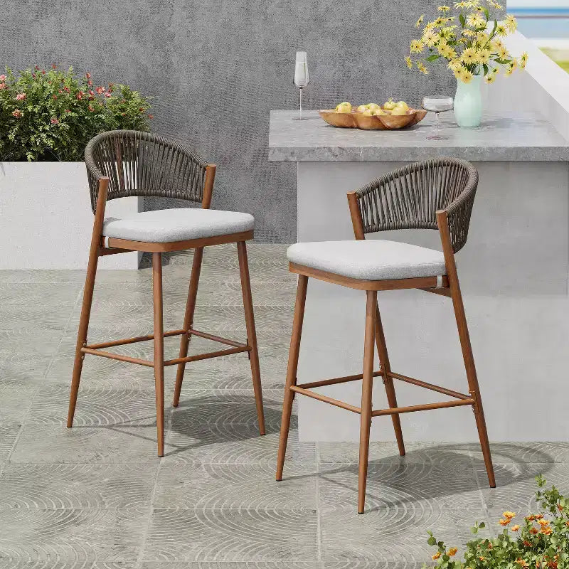 Christopher Knight Home Youssef Outdoor 30 Aluminum and Rattan Barstools with Scallop-shaped Backrest (Set of 2)