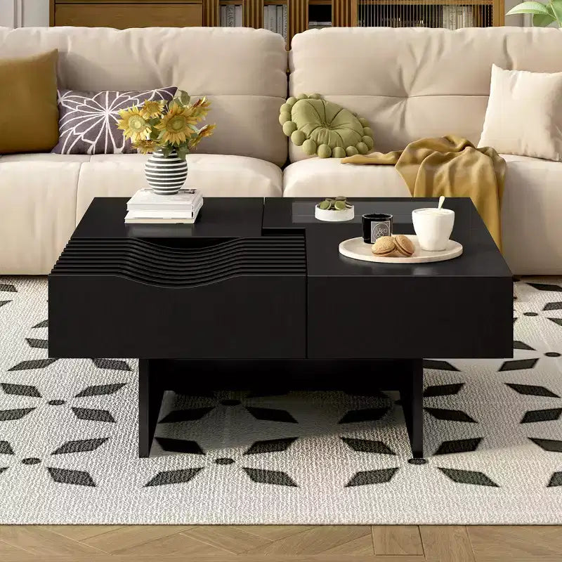 Square Coffee Table with Tempered Glass&Wave Top and 3 Drawers Wooden Sofa Side Table Modern Center Table, Black/Brown-ModernLuxe