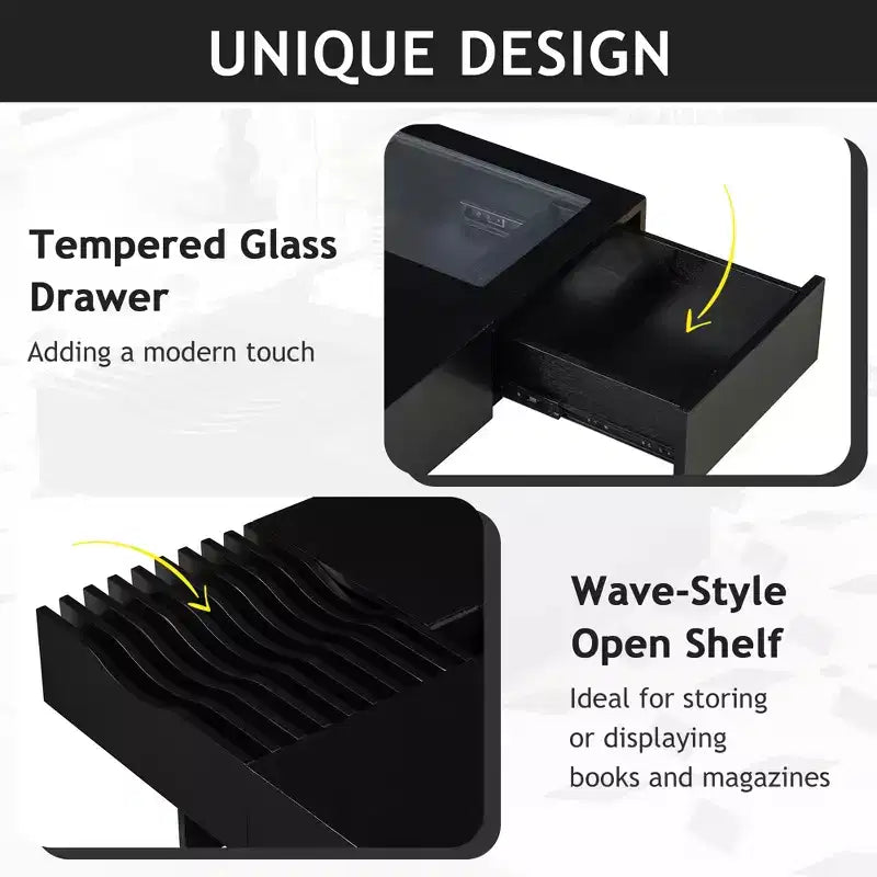 Square Coffee Table with Tempered Glass&Wave Top and 3 Drawers Wooden Sofa Side Table Modern Center Table, Black/Brown-ModernLuxe