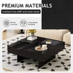 Square Coffee Table with Tempered Glass&Wave Top and 3 Drawers Wooden Sofa Side Table Modern Center Table, Black/Brown-ModernLuxe