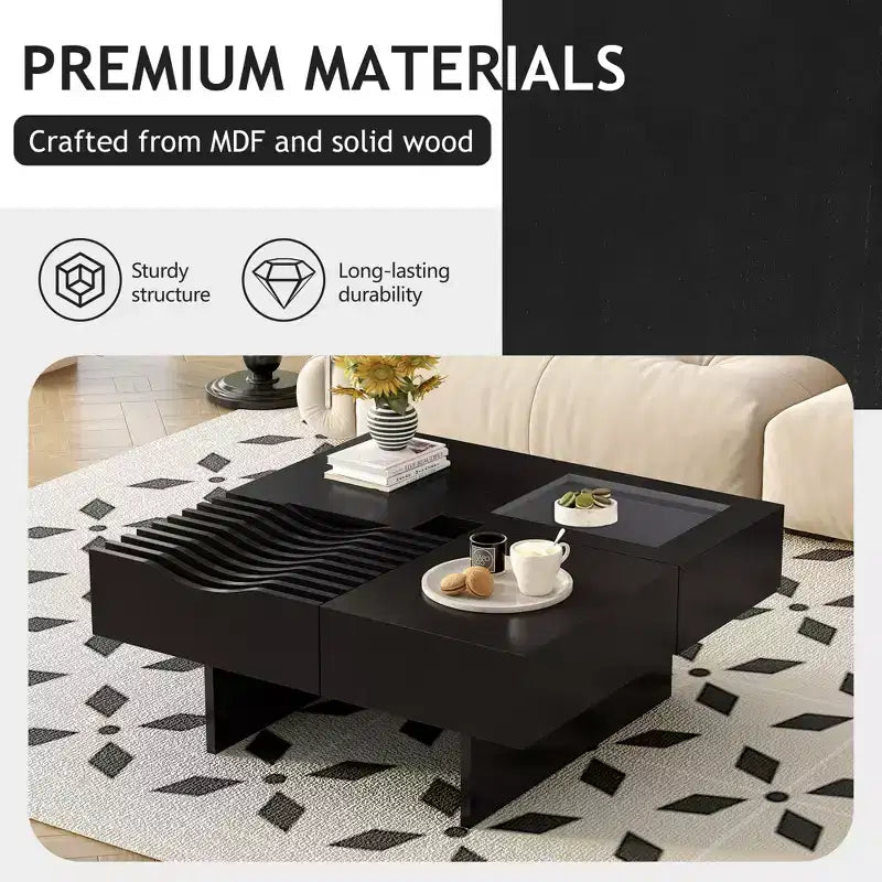 Square Coffee Table with Tempered Glass&Wave Top and 3 Drawers Wooden Sofa Side Table Modern Center Table, Black/Brown-ModernLuxe