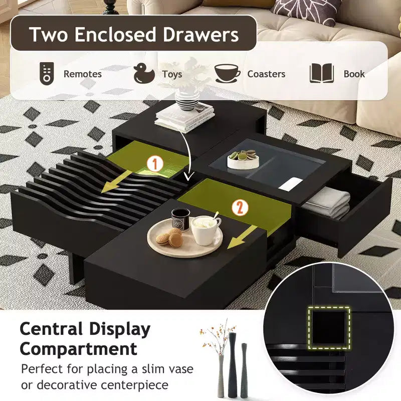 Square Coffee Table with Tempered Glass&Wave Top and 3 Drawers Wooden Sofa Side Table Modern Center Table, Black/Brown-ModernLuxe