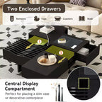 Square Coffee Table with Tempered Glass&Wave Top and 3 Drawers Wooden Sofa Side Table Modern Center Table, Black/Brown-ModernLuxe