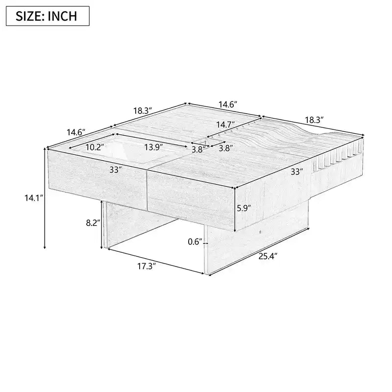 Square Coffee Table with Tempered Glass&Wave Top and 3 Drawers Wooden Sofa Side Table Modern Center Table, Black/Brown-ModernLuxe