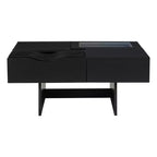 Square Coffee Table with Tempered Glass&Wave Top and 3 Drawers Wooden Sofa Side Table Modern Center Table, Black/Brown-ModernLuxe