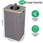 Hausource 100L Gray Laundry Hamper & Recycling Bin with Lid, 2 Liners, Collapsible, Waterproof