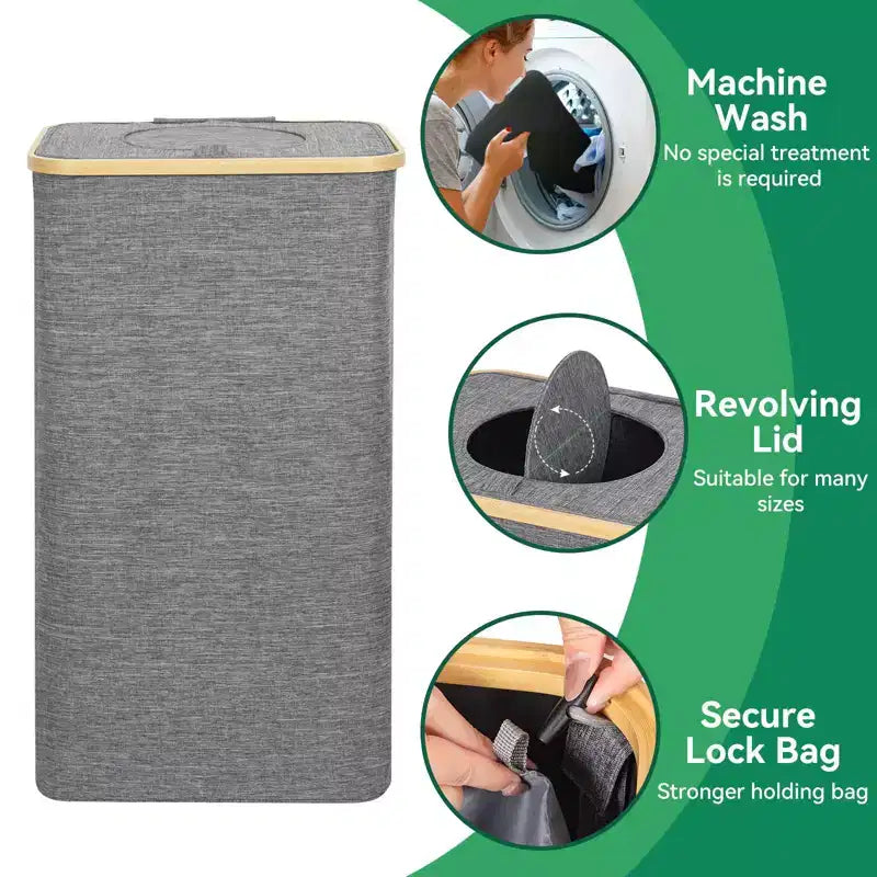 Hausource 100L Gray Laundry Hamper & Recycling Bin with Lid, 2 Liners, Collapsible, Waterproof