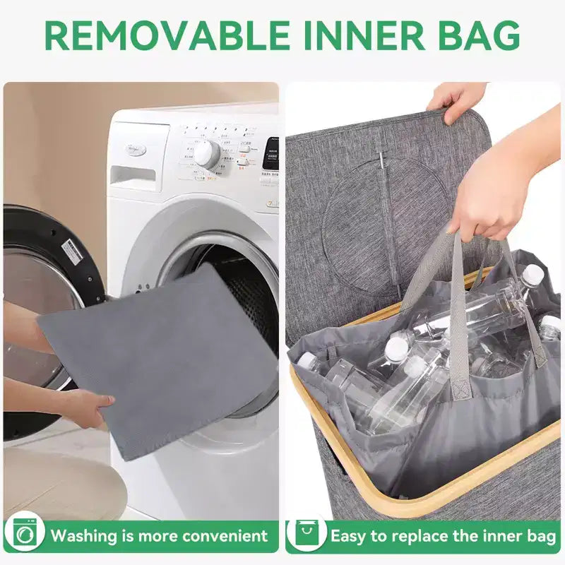 Hausource 100L Gray Laundry Hamper & Recycling Bin with Lid, 2 Liners, Collapsible, Waterproof