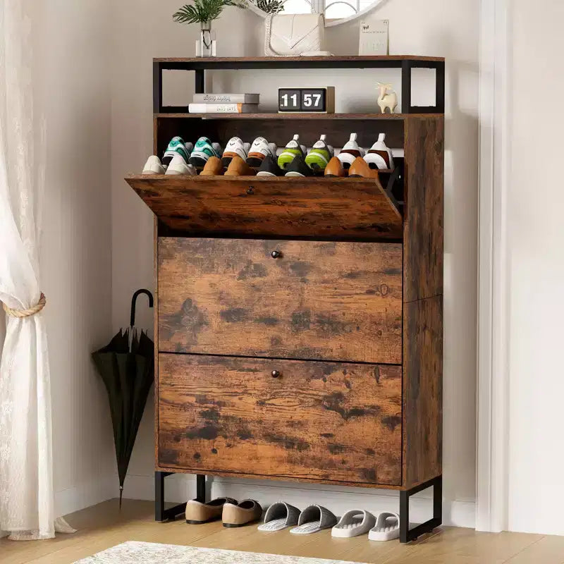 GARPROVM Mid-Century Wood Shoe Cabinet with 3 Flip Doors & Removable Shelves Entryway Shoe Storage