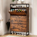 GARPROVM Mid-Century Wood Shoe Cabinet with 3 Flip Doors & Removable Shelves Entryway Shoe Storage