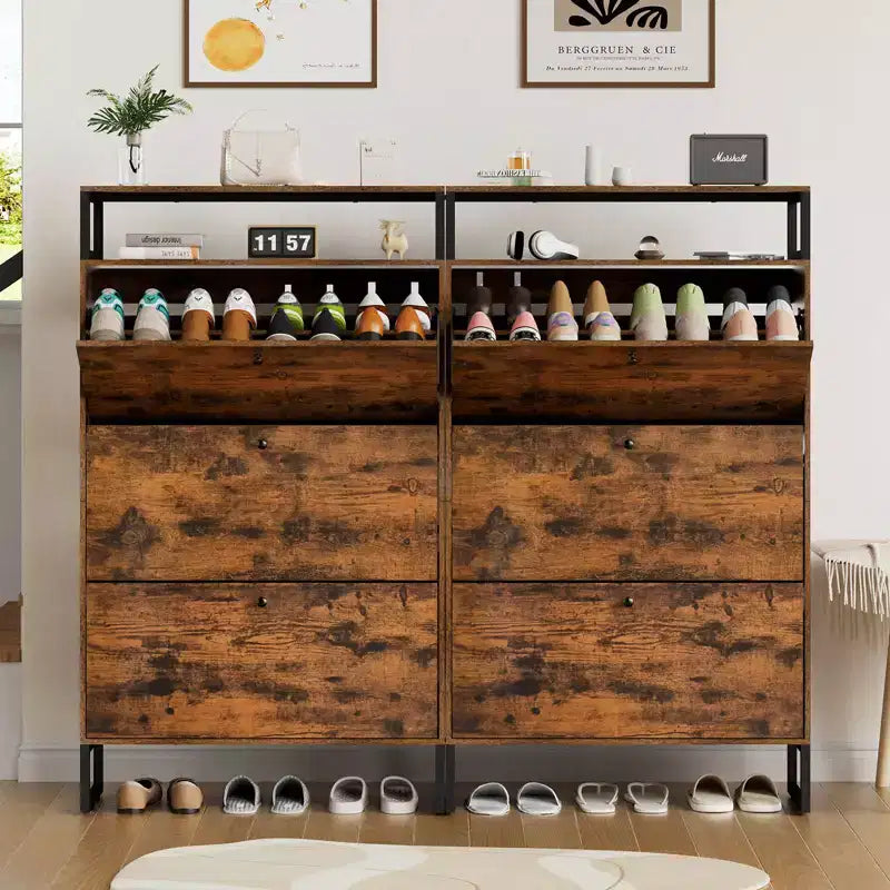 GARPROVM Mid-Century Wood Shoe Cabinet with 3 Flip Doors & Removable Shelves Entryway Shoe Storage