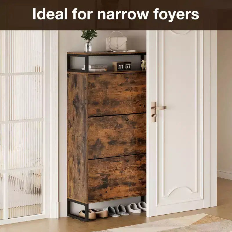 GARPROVM Mid-Century Wood Shoe Cabinet with 3 Flip Doors & Removable Shelves Entryway Shoe Storage