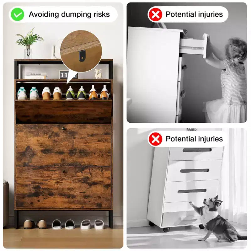 GARPROVM Mid-Century Wood Shoe Cabinet with 3 Flip Doors & Removable Shelves Entryway Shoe Storage