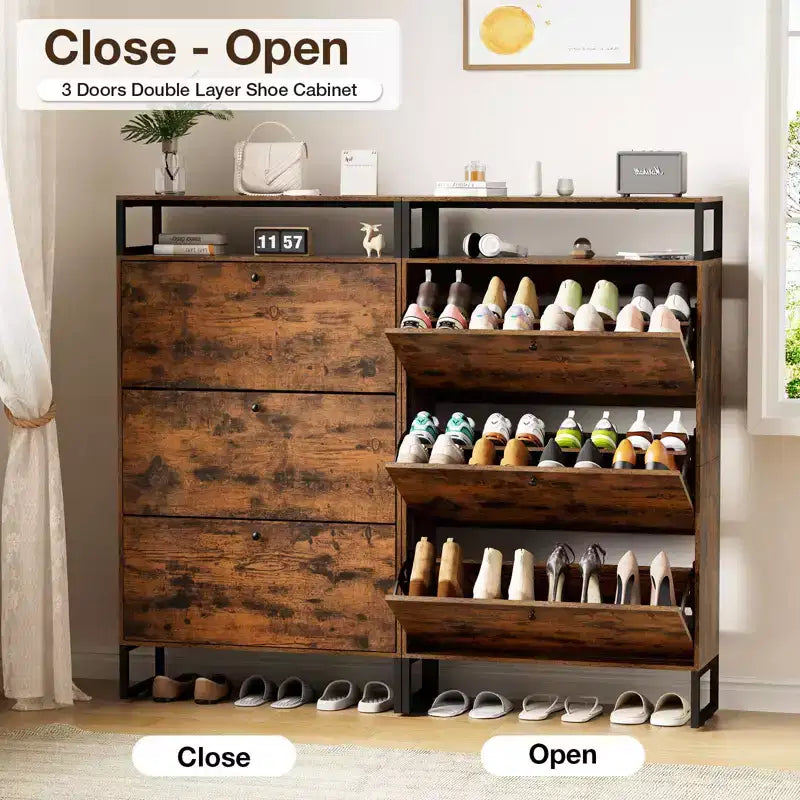 GARPROVM Mid-Century Wood Shoe Cabinet with 3 Flip Doors & Removable Shelves Entryway Shoe Storage