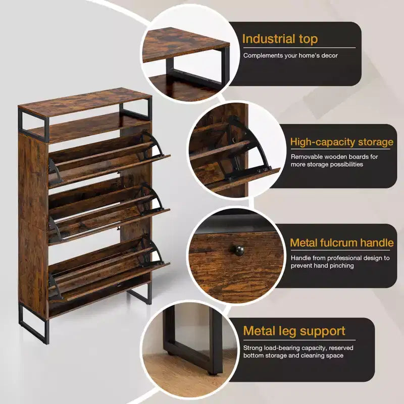 GARPROVM Mid-Century Wood Shoe Cabinet with 3 Flip Doors & Removable Shelves Entryway Shoe Storage