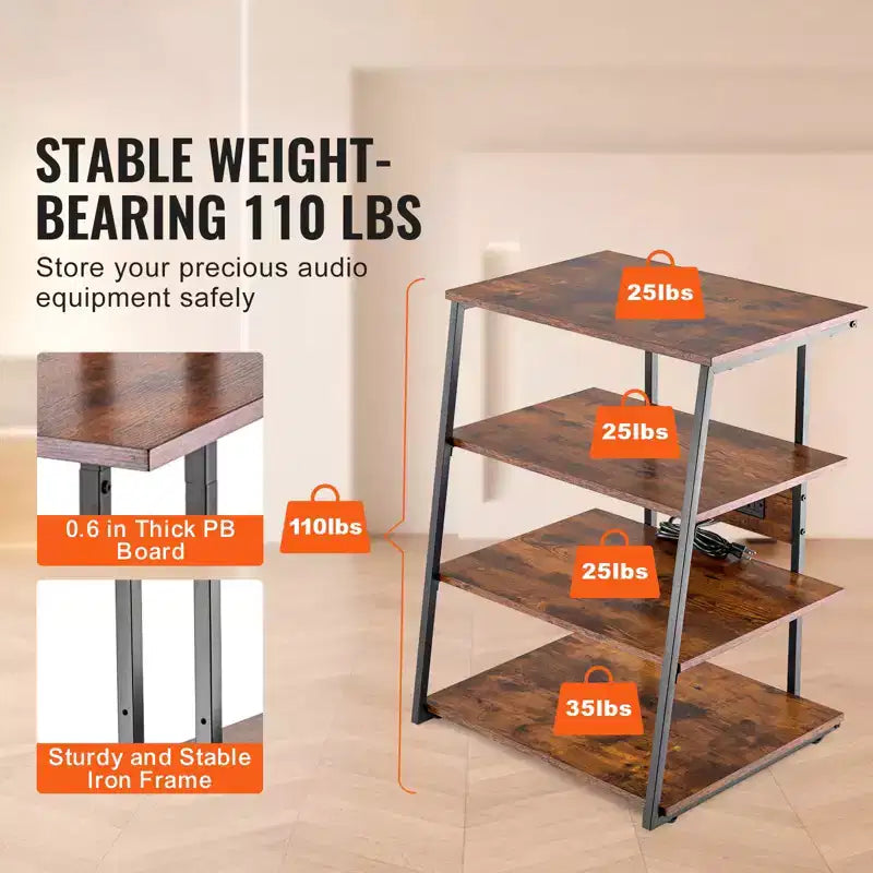 VEVOR 4-Tier AV Media Stand with Power Strips, Corner TV Stand with LED Lights, Height Adjustable Wooden Shelves for DVD Players, Brown