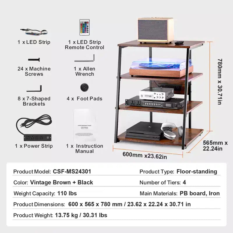 VEVOR 4-Tier AV Media Stand with Power Strips, Corner TV Stand with LED Lights, Height Adjustable Wooden Shelves for DVD Players, Brown