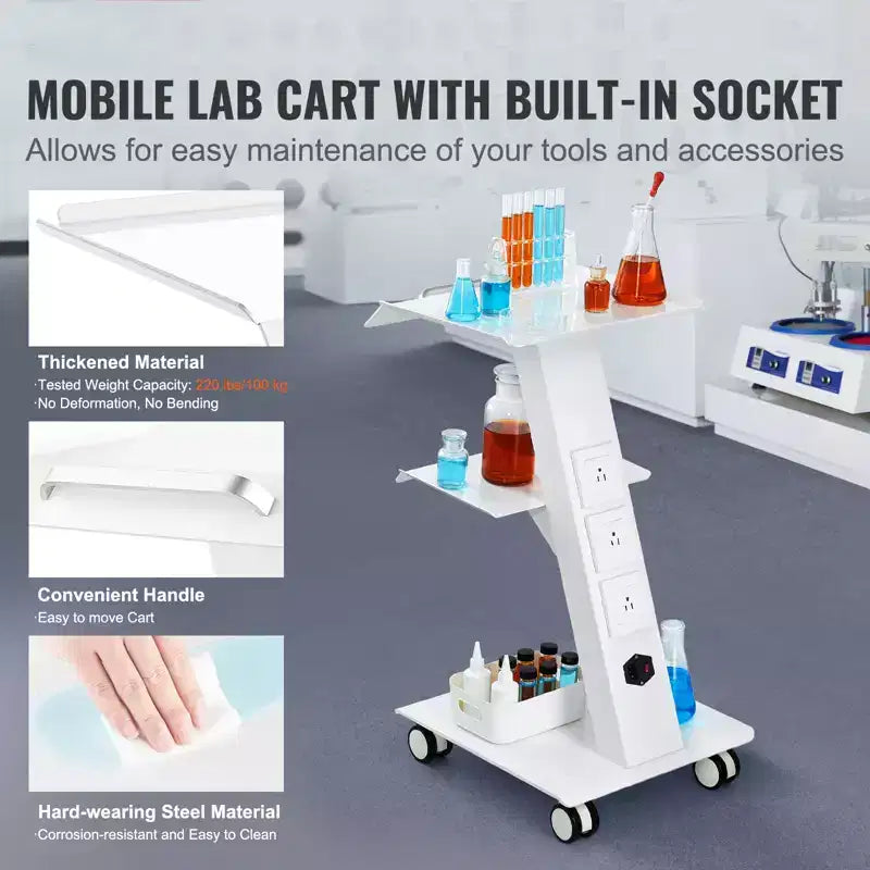 VEVOR Lab Trolley, Rolling Lab Cart with Built-in Socket, 3-Layer Metal Mobile Trolley, Tray Rolling Clinic Cart , 220 lbs Weight Capacit