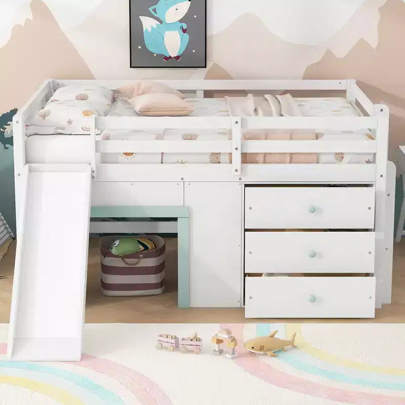 GDFStudio Sebastian Modern Solid Wood Full Size Low Loft Bed with Slide and Drawers