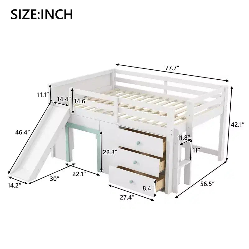 GDFStudio Sebastian Modern Solid Wood Full Size Low Loft Bed with Slide and Drawers