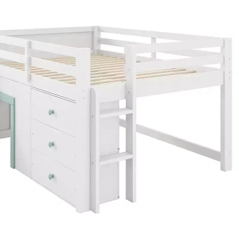 GDFStudio Sebastian Modern Solid Wood Full Size Low Loft Bed with Slide and Drawers