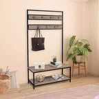 eHemco Metal and Wood Entryway Hall Tree and Coat Rack for Living Room and Hallway, with Storage Bench and 7 Hooks