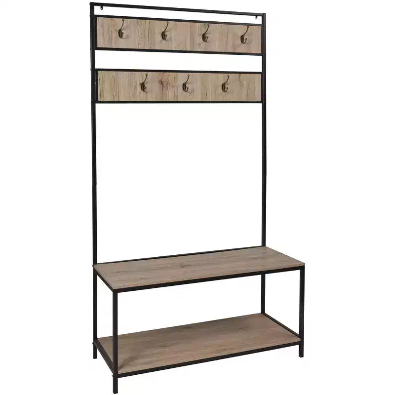 eHemco Metal and Wood Entryway Hall Tree and Coat Rack for Living Room and Hallway, with Storage Bench and 7 Hooks