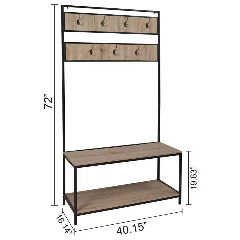 eHemco Metal and Wood Entryway Hall Tree and Coat Rack for Living Room and Hallway, with Storage Bench and 7 Hooks