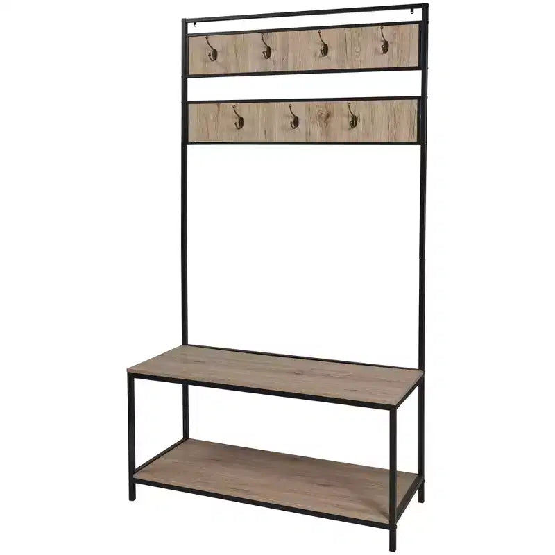 eHemco Metal and Wood Entryway Hall Tree and Coat Rack for Living Room and Hallway, with Storage Bench and 7 Hooks