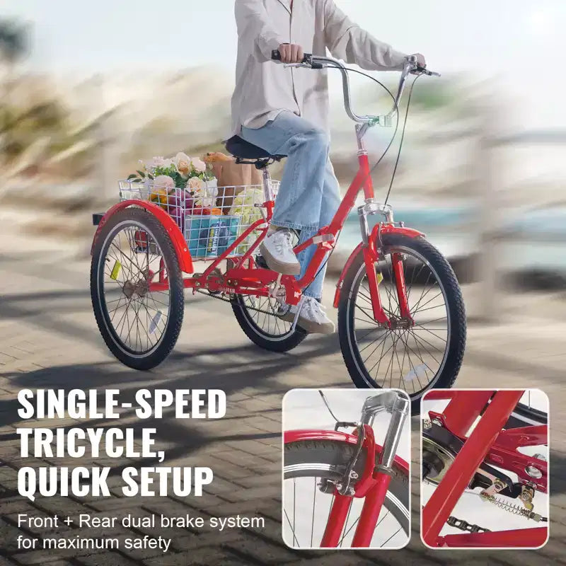 VEVOR Folding Adult Tricycle, 24-Inch Adult Folding Trikes, Carbon Steel 3 Wheel Cruiser Bike with Large Basket & Adjustable Seat
