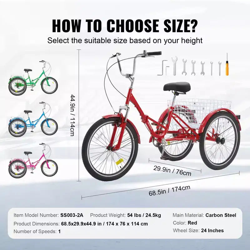 VEVOR Folding Adult Tricycle, 24-Inch Adult Folding Trikes, Carbon Steel 3 Wheel Cruiser Bike with Large Basket & Adjustable Seat