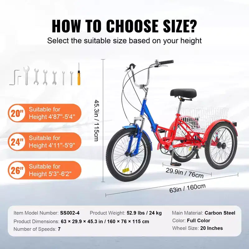 VEVOR Folding Adult Tricycle, 20-Inch 7-Speed Adult Folding Trikes, Carbon Steel 3 Wheel Cruiser Bike with Large Basket & Adjustable Seat