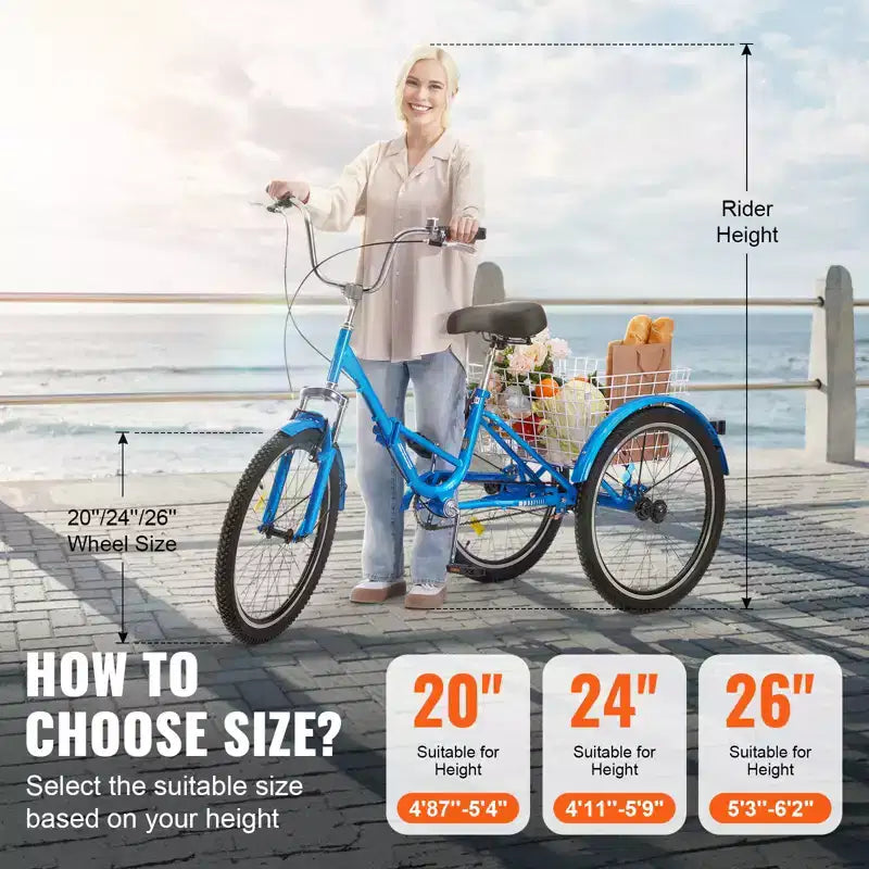 VEVOR Folding Adult Tricycle, 26-Inch Adult Folding Trikes, Carbon Steel 3 Wheel Cruiser Bike with Large Basket & Adjustable Seat