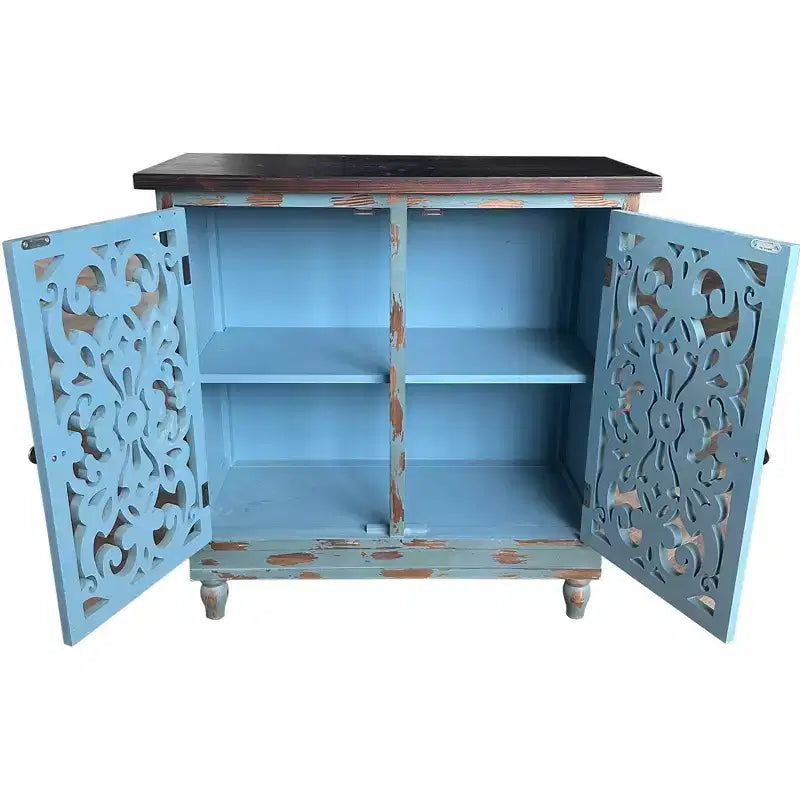 eHemco Rustic Accent Distressed Cabinet with 2 Doors with Dual Storage Shelf for Living Room and Entryway, Teal