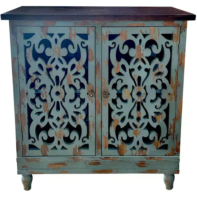 eHemco Rustic Accent Distressed Cabinet with 2 Doors with Dual Storage Shelf for Living Room and Entryway, Teal