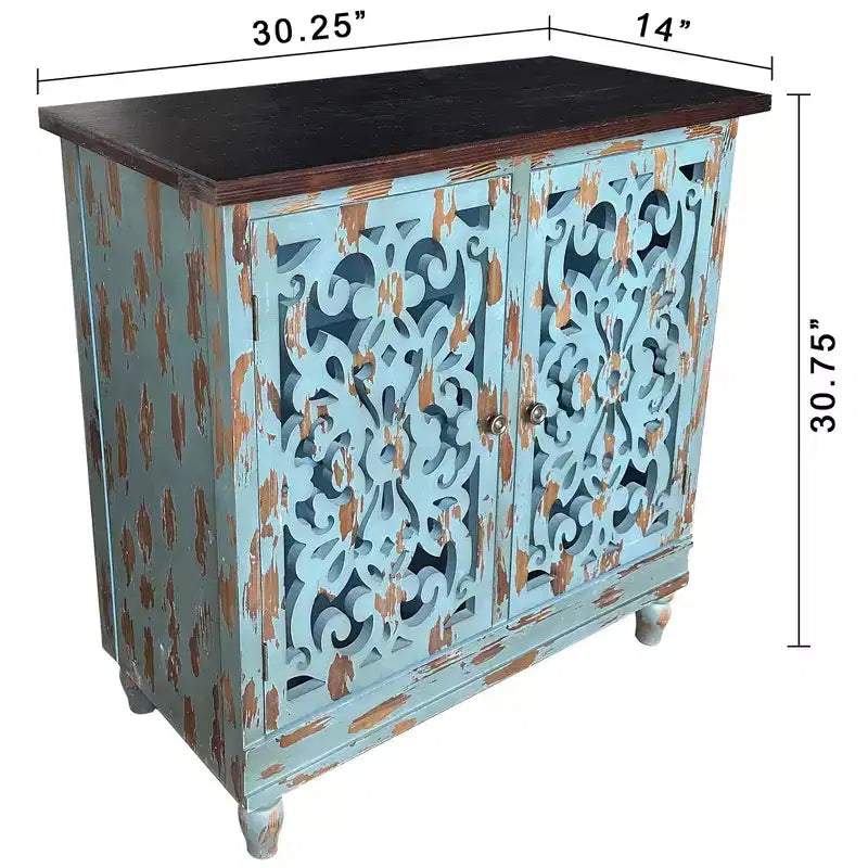 eHemco Rustic Accent Distressed Cabinet with 2 Doors with Dual Storage Shelf for Living Room and Entryway, Teal