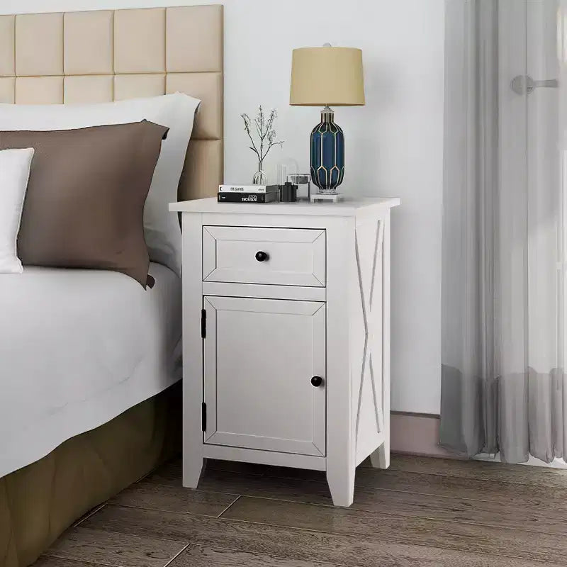eHemco X-Side Wood Nightstand Side Table End Table with 1 Drawer and 1 Door Storage Cabinet