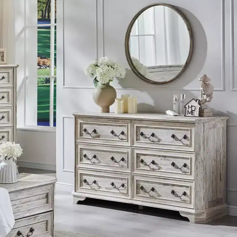 SinCiDo 6 Drawers Dresser for Bedroom, Farmhouse Wood Rustic Chest of Drawers, 54 W Vintage Dressers for Living Room