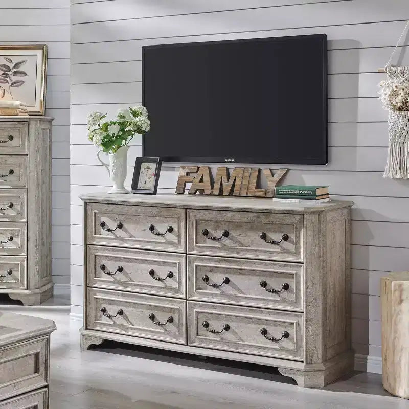 SinCiDo 6 Drawers Dresser for Bedroom, Farmhouse Wood Rustic Chest of Drawers, 54 W Vintage Dressers for Living Room