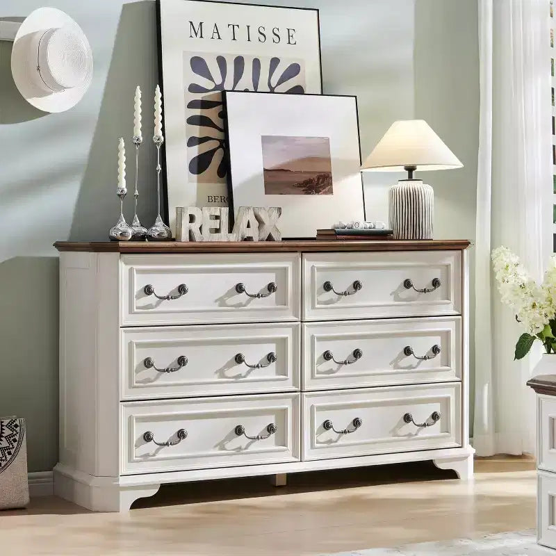 SinCiDo 6 Drawers Dresser for Bedroom, Farmhouse Wood Rustic Chest of Drawers, 54 W Vintage Dressers for Living Room
